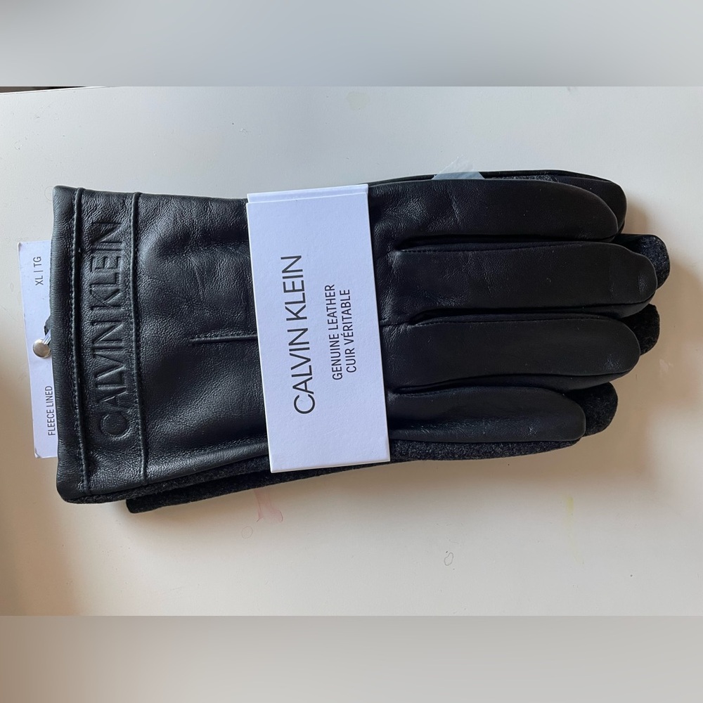 NWT Mens Calvin Klein Leather Fleece Lined Wool Black Sz XL Gloves Touchscreen
